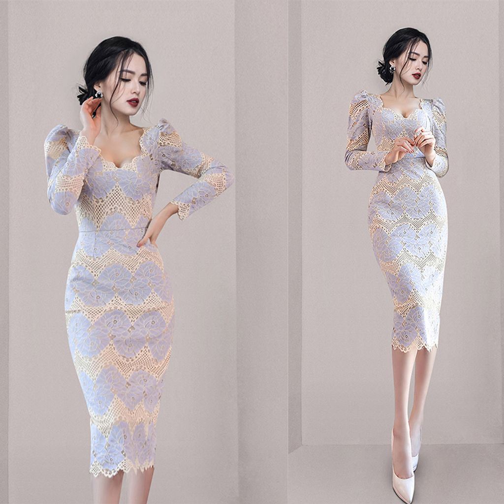 V-neck Long Sleeve Lace Mid-length Dress