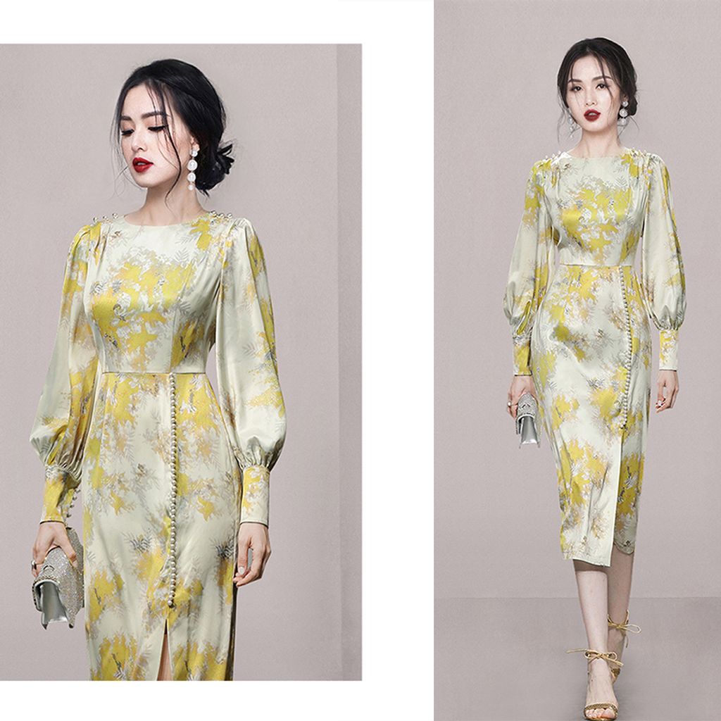 Yellow Floral Puff Sleeve Long-sleeve Dress
