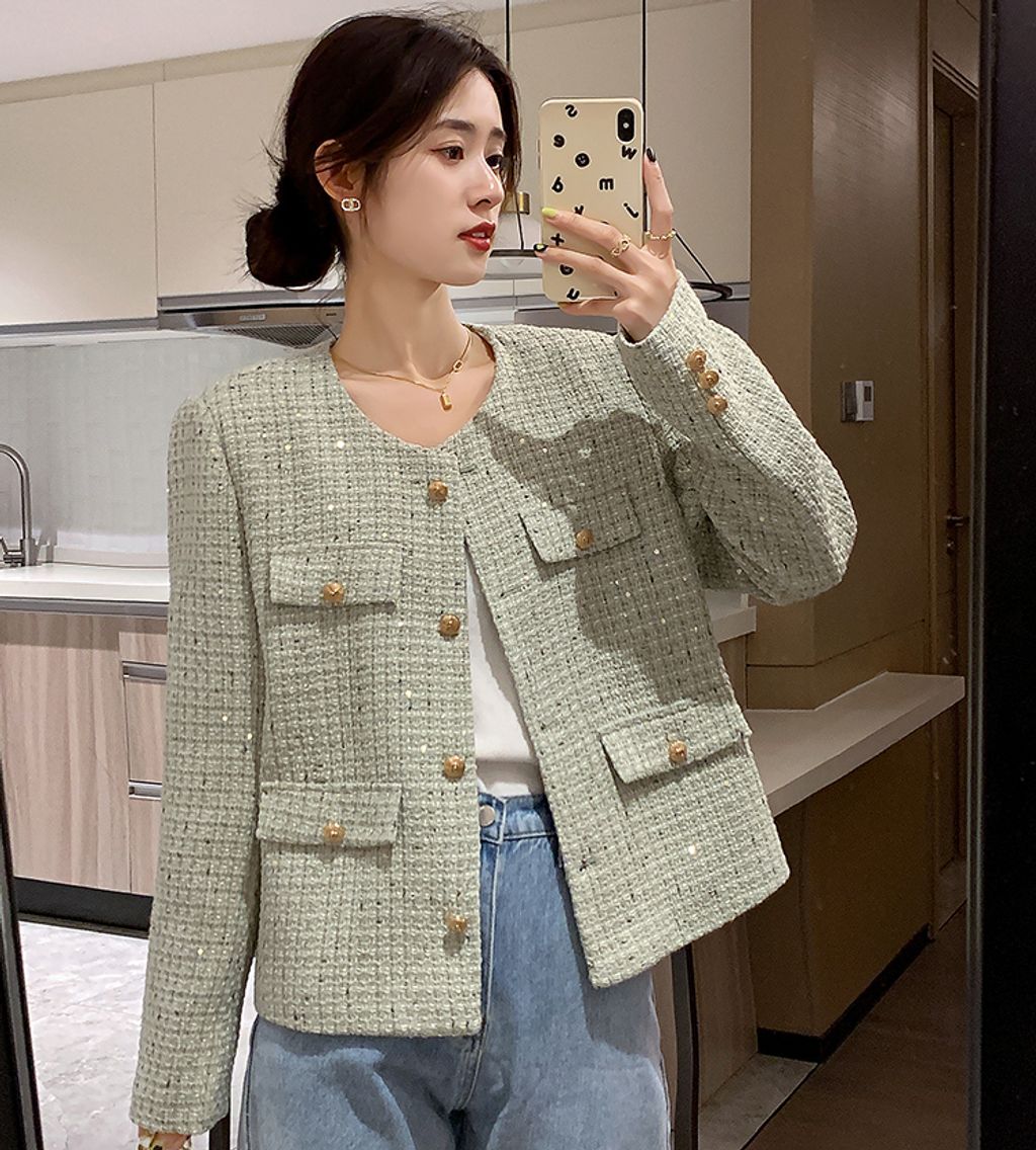Autumn And Winter High-end Cotton Tweed Jacket-Green color