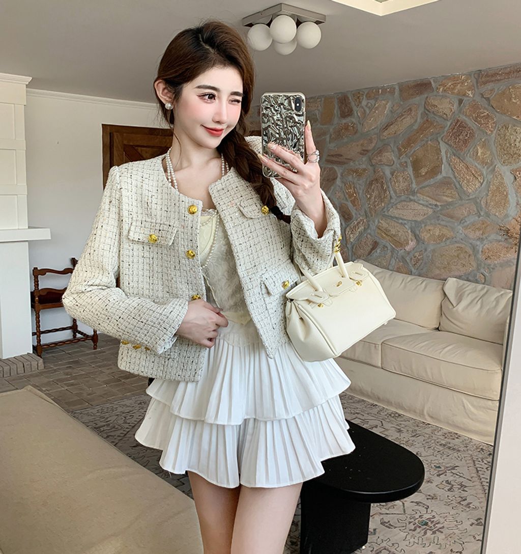 Korean Style Sweet Elegant Cotton Tweed Jacket-White color