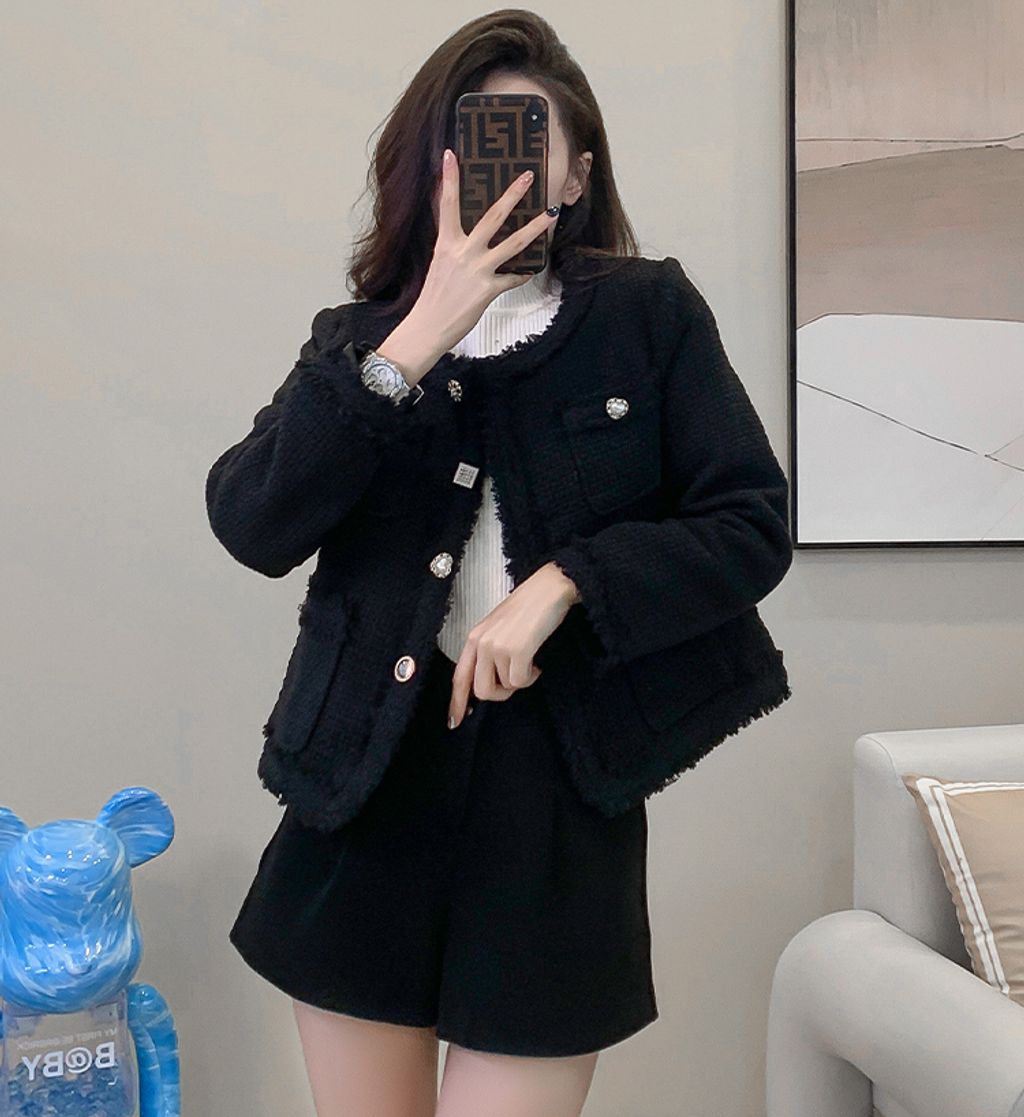 High-end Gentle Cotton Tweed Women's Jacket-Black color