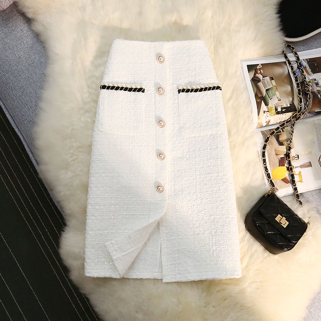 Mid-length High-waist A-line Skirt-White color