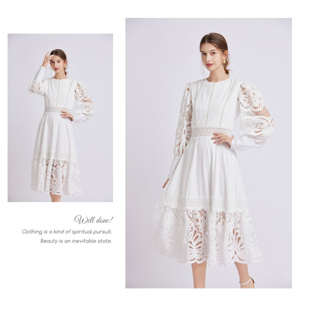 Fashionable Round Neck Long Sleeve Waist Hollow Lace Dress-White color