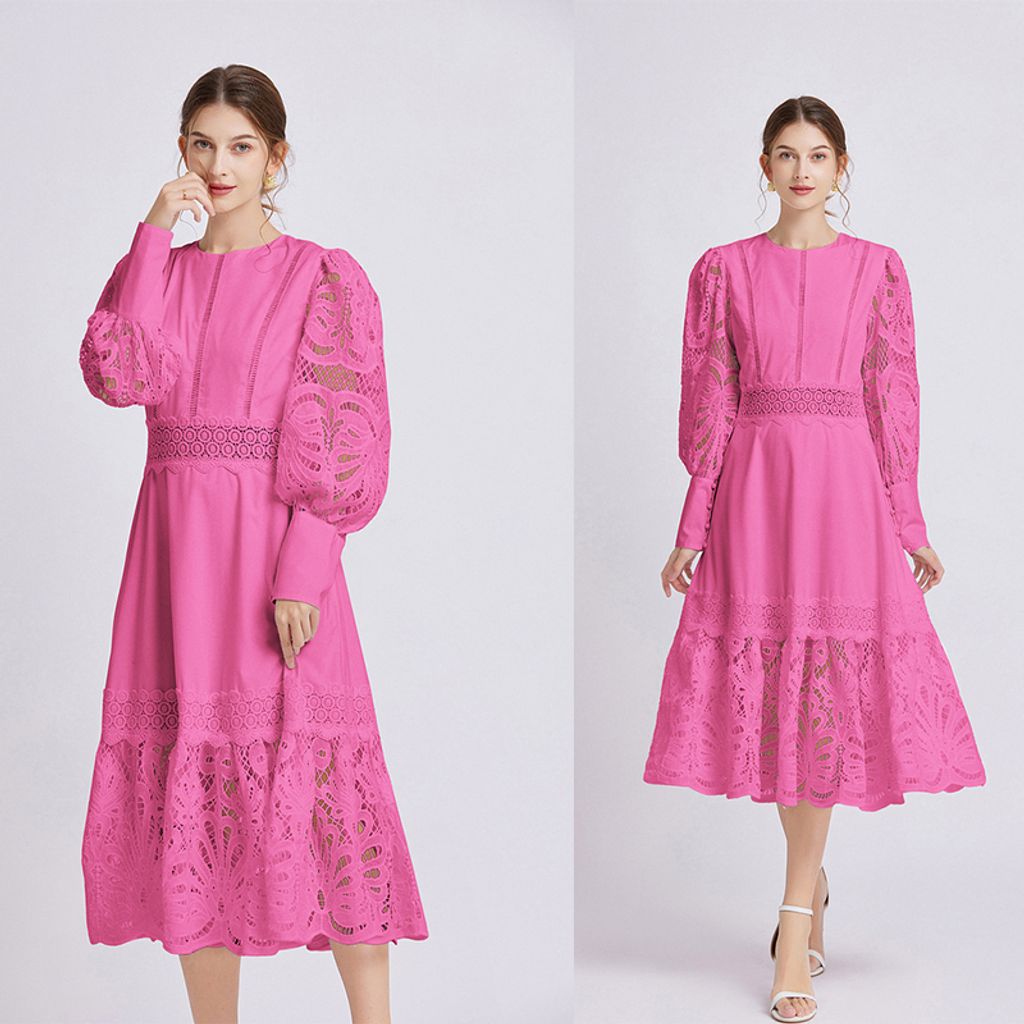 Fashionable Round Neck Long Sleeve Waist Hollow Lace Dress-Rose red