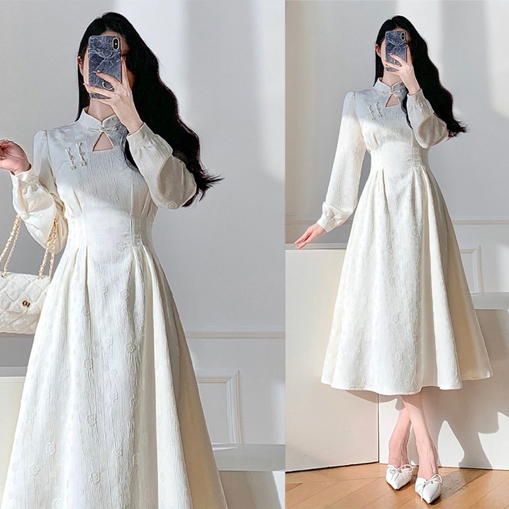 Mid Length Cheongsam A-line Dress-Off white color