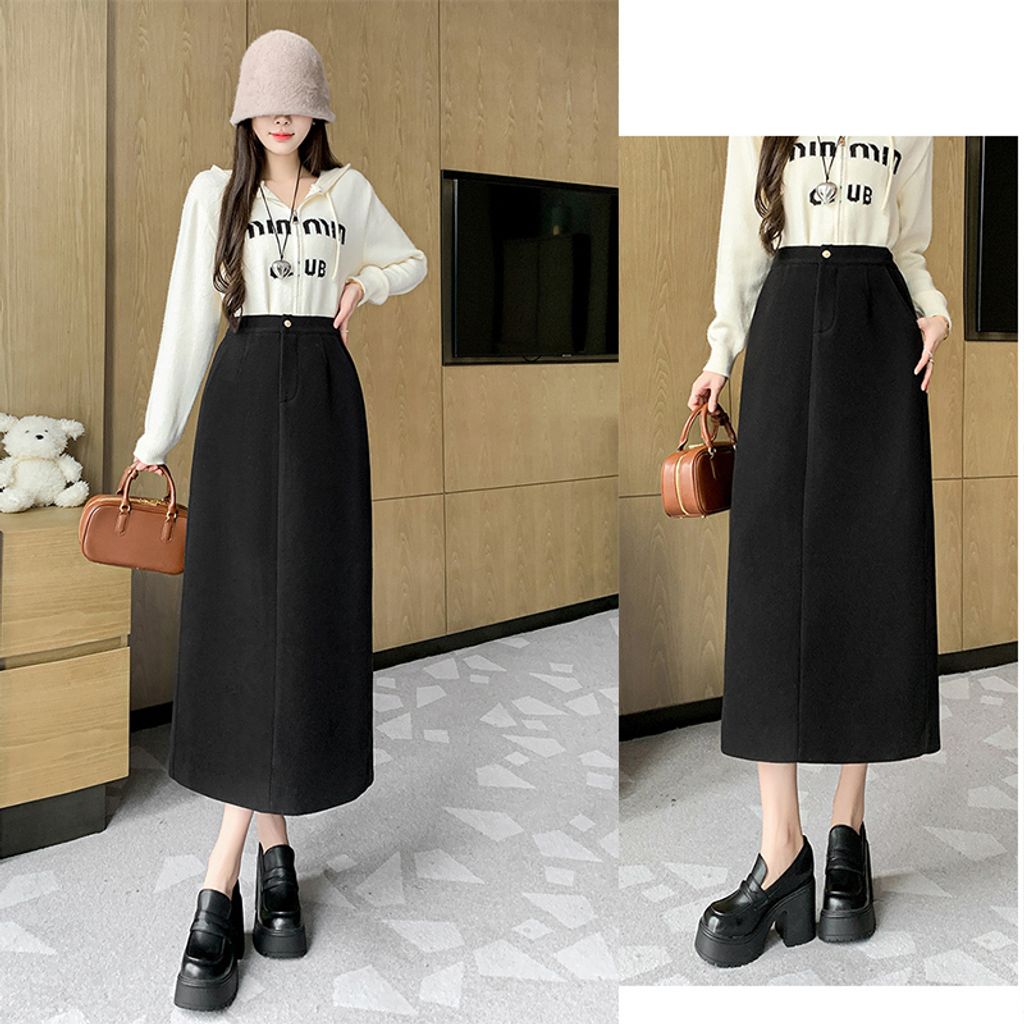 Woolen High Waist Mid-length Skirt-Black color