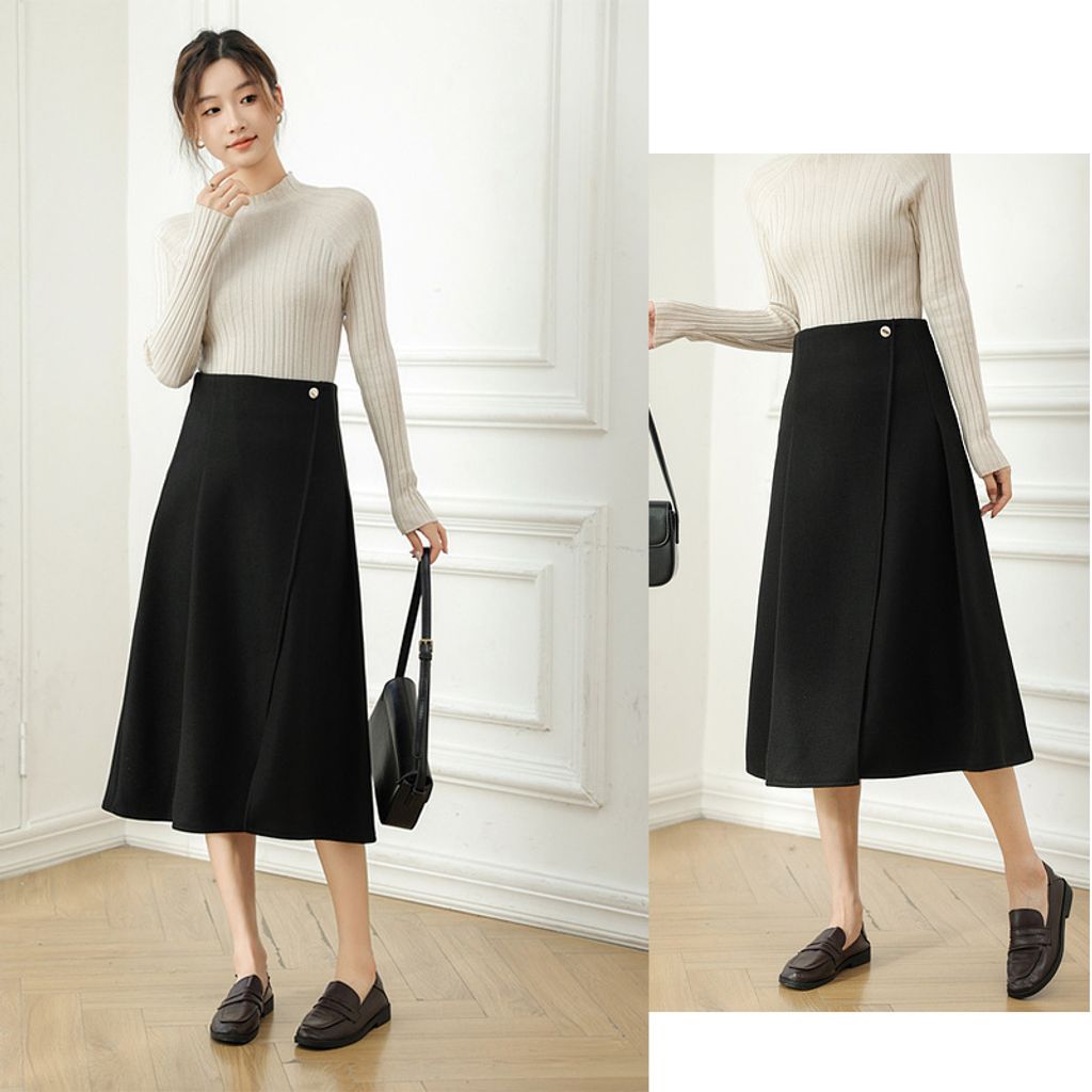 Retro Mid-length Slit Skirt-Black color