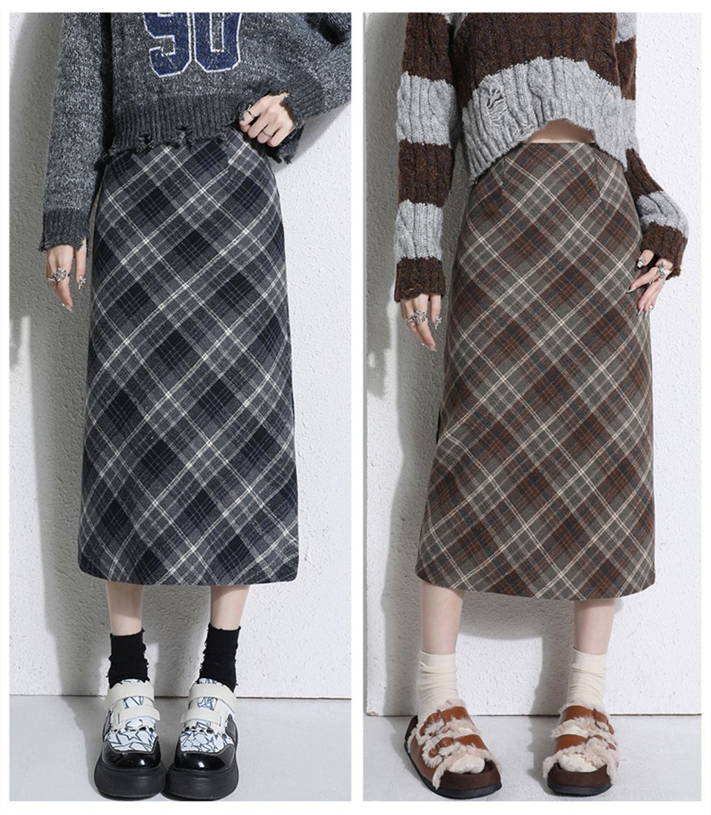 Plaid Woolen High-waist Slit Mid-length Skirt