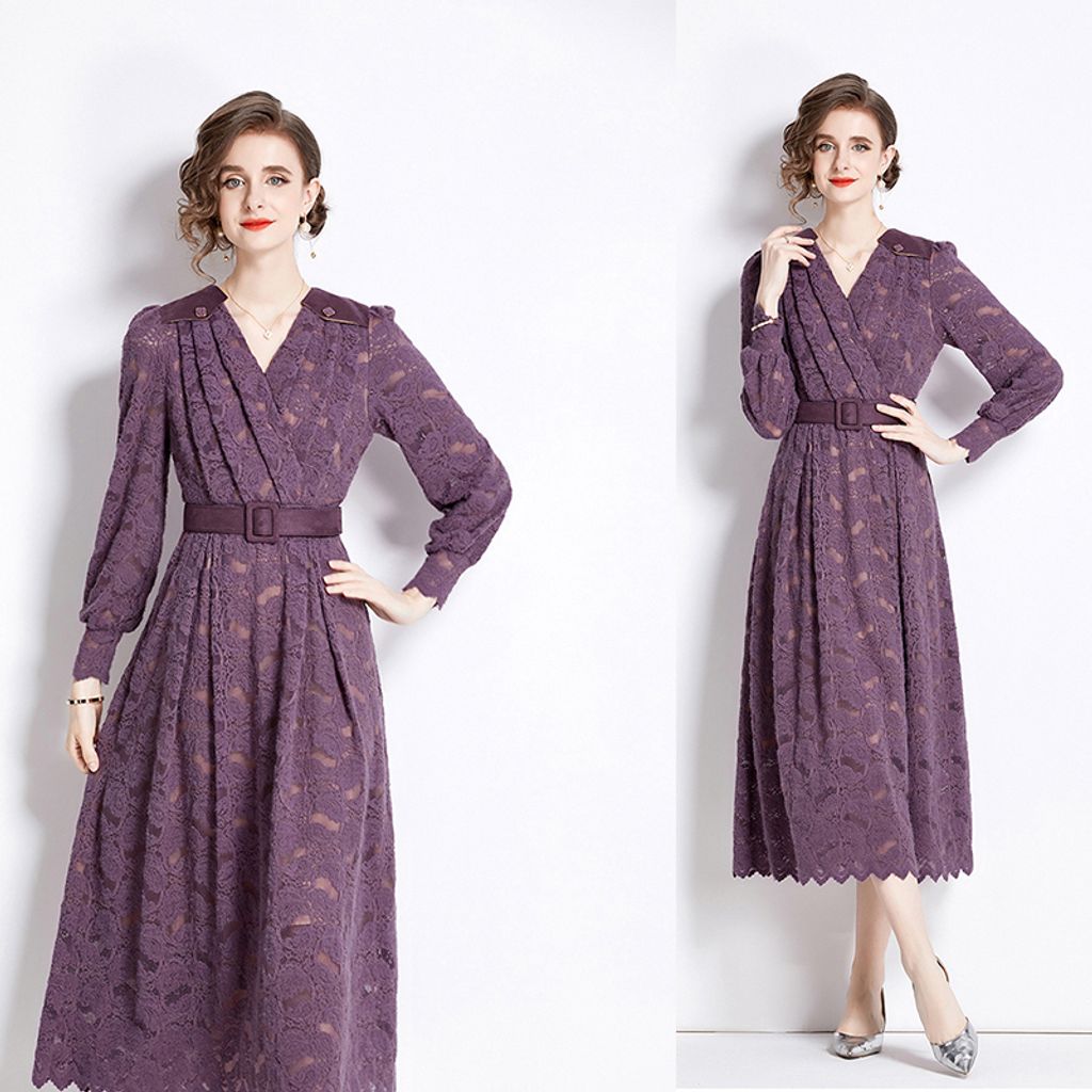 Purple V-neck Lace Mid-length Dress