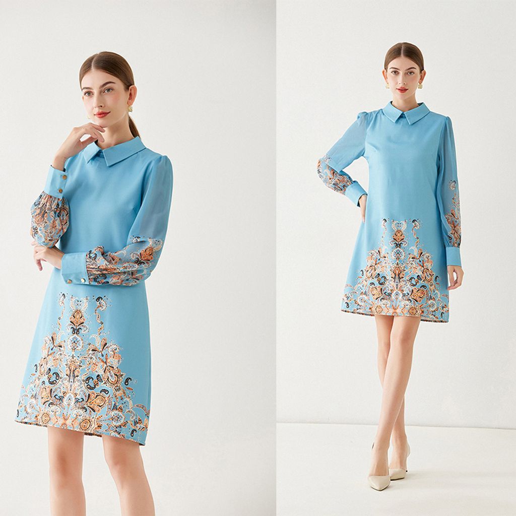 Light Blue Floral A-line Dress