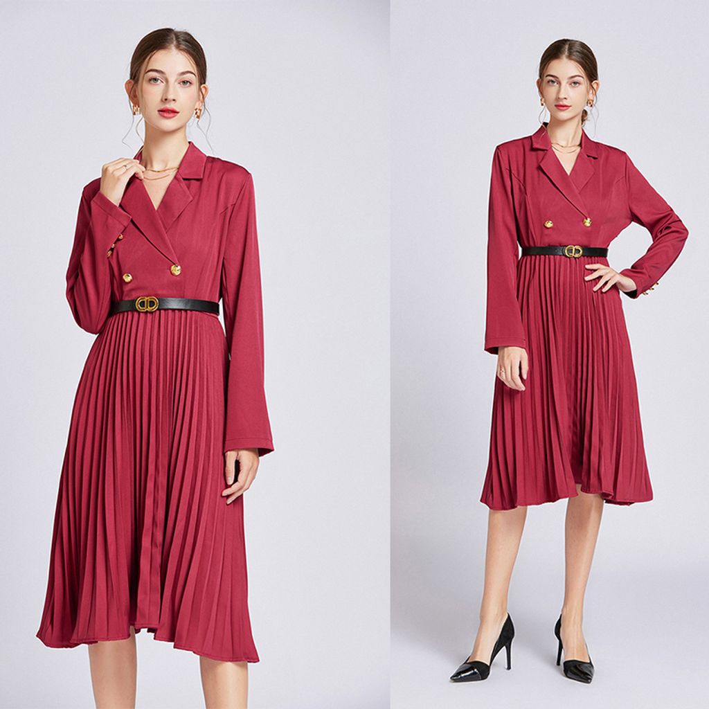 Rose Red Suit Collar Mid-length Pleated Dress