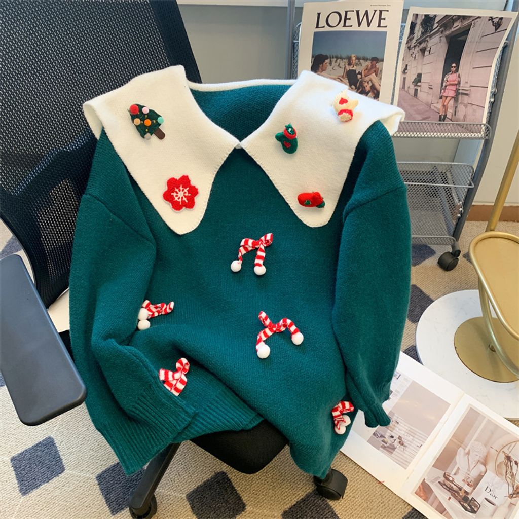 Doll Collar Sweet and Gentle Style Christmas Sweater-Green color