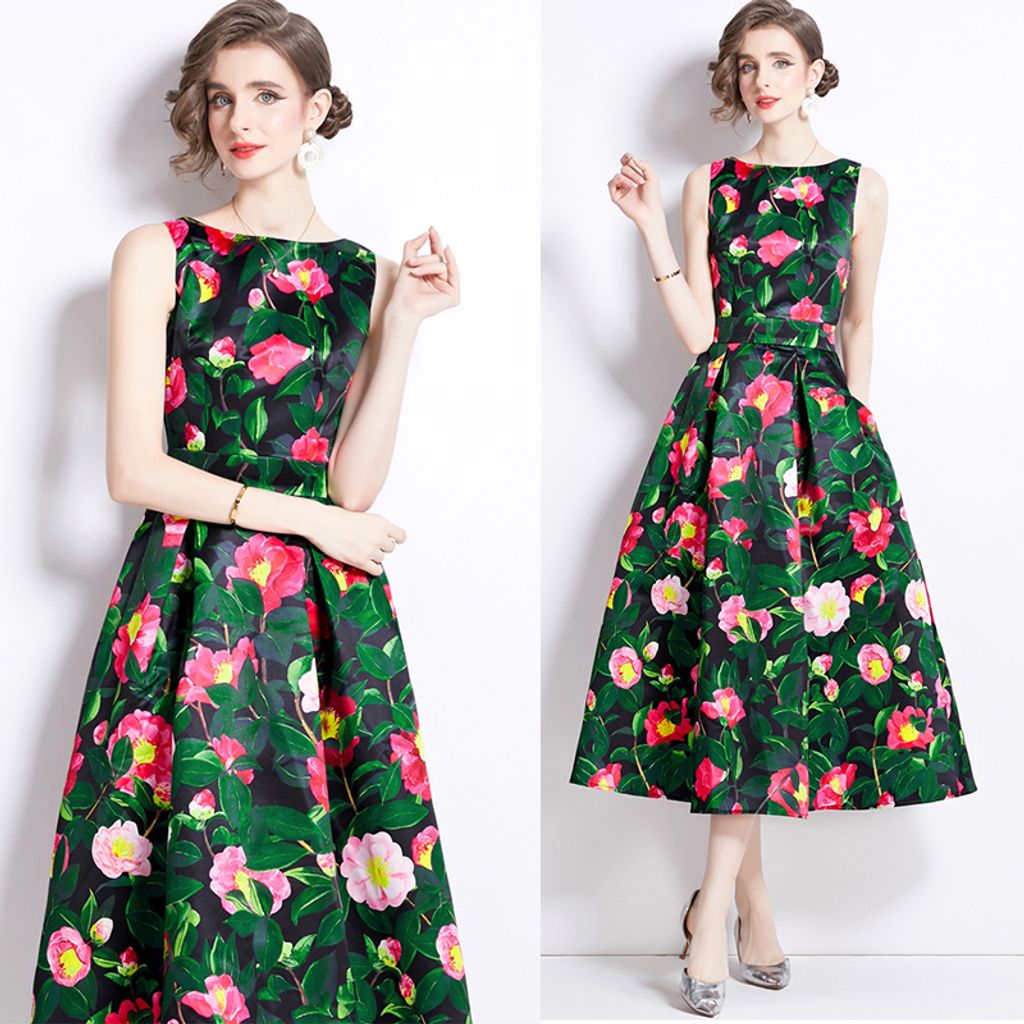 Dark Green Floral Sleeveless High Waist Three-Dimensional Cut A-Line Mid-length Dress