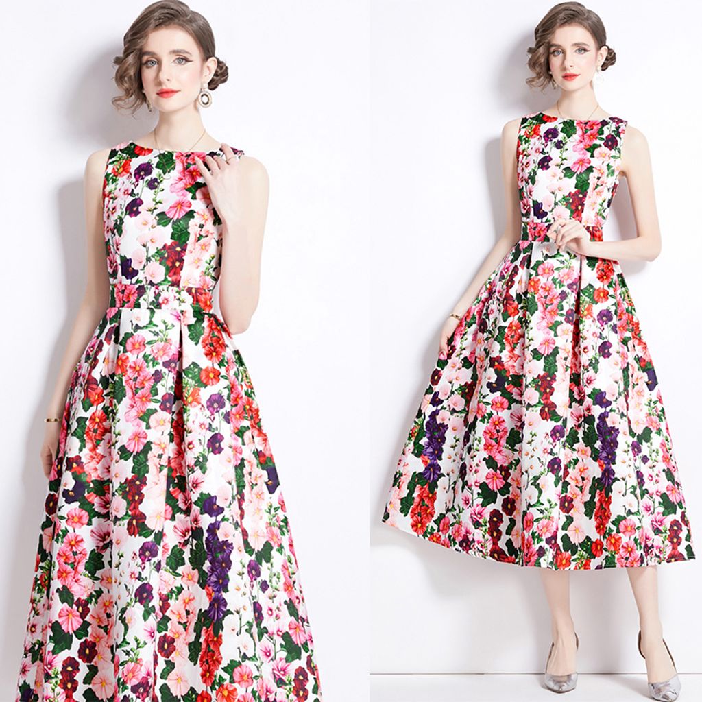 Pink Floral Sleeveless High Waist Three-Dimensional Cut A-Line Mid-length Dress