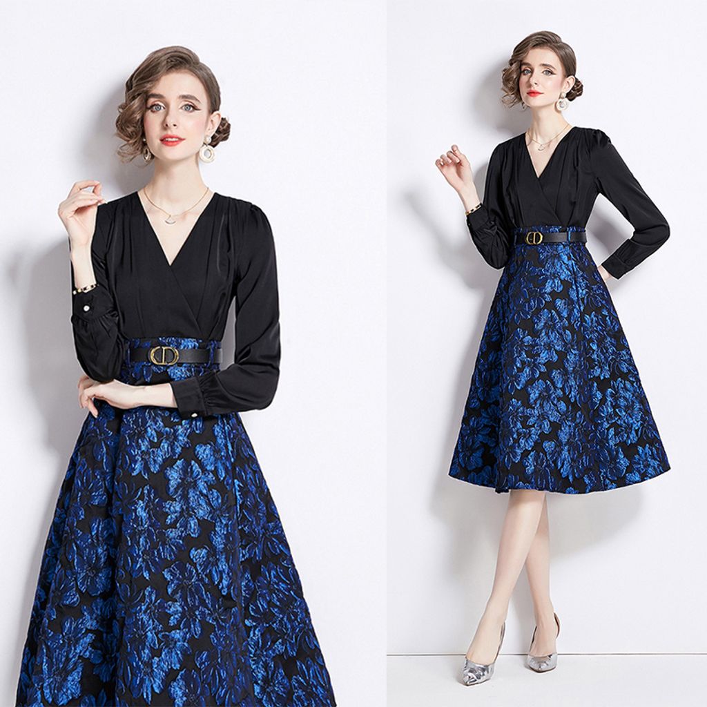 V-neck Black Splicing Blue A-line Dress