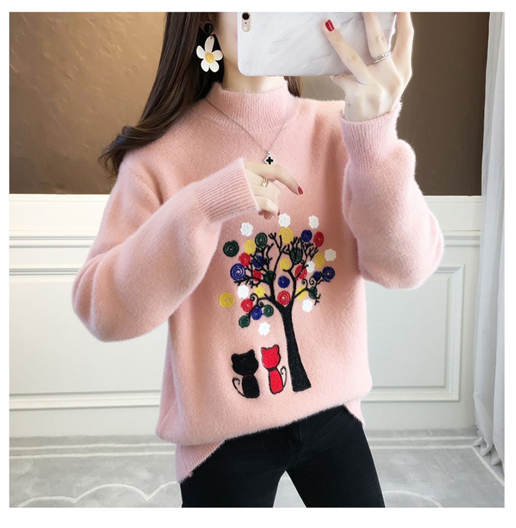 Gold Mink Plus Velvet Pullover Loose Sweater-Pink color