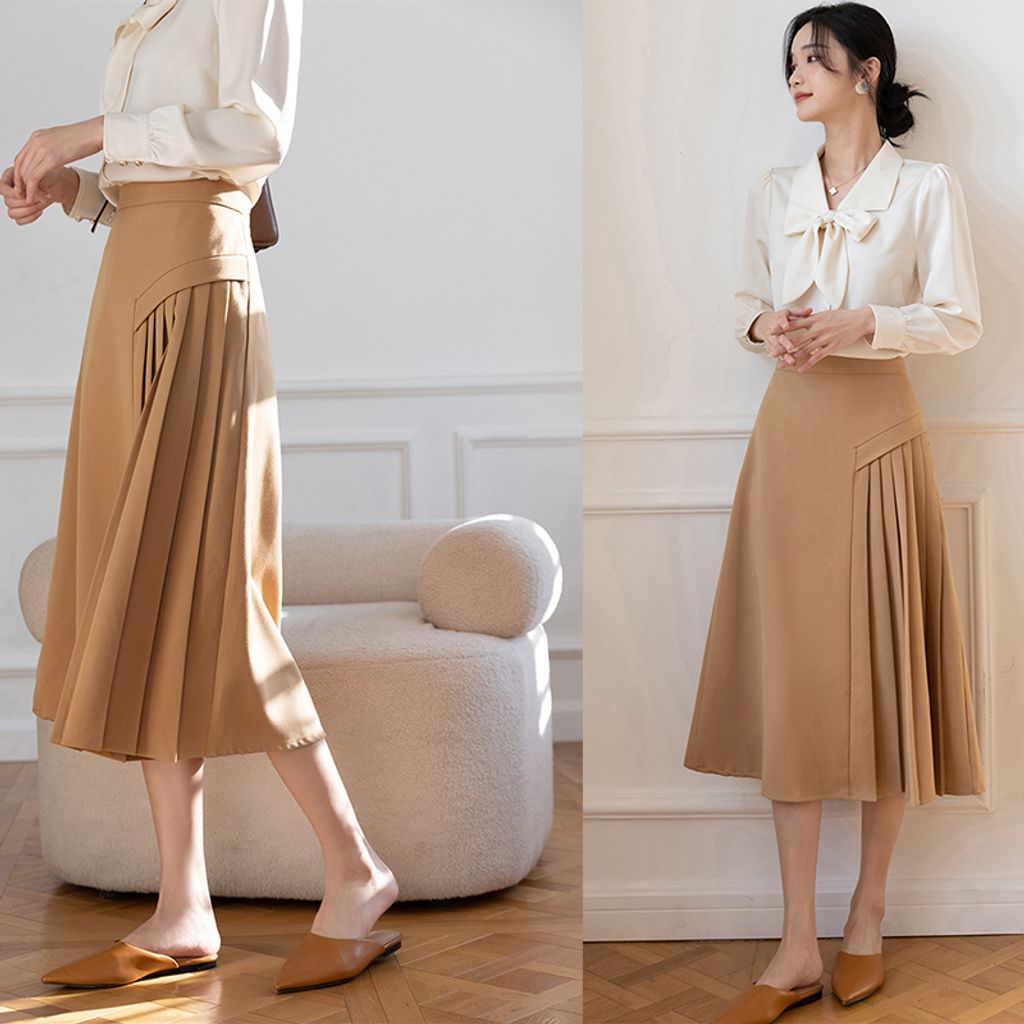 High Waist A-Line Pleated Mid-Length Skirt-Khaki color