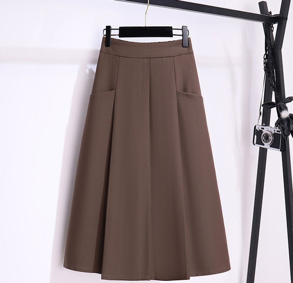 High Waist A-line Mid Length Skirt-Khaki color