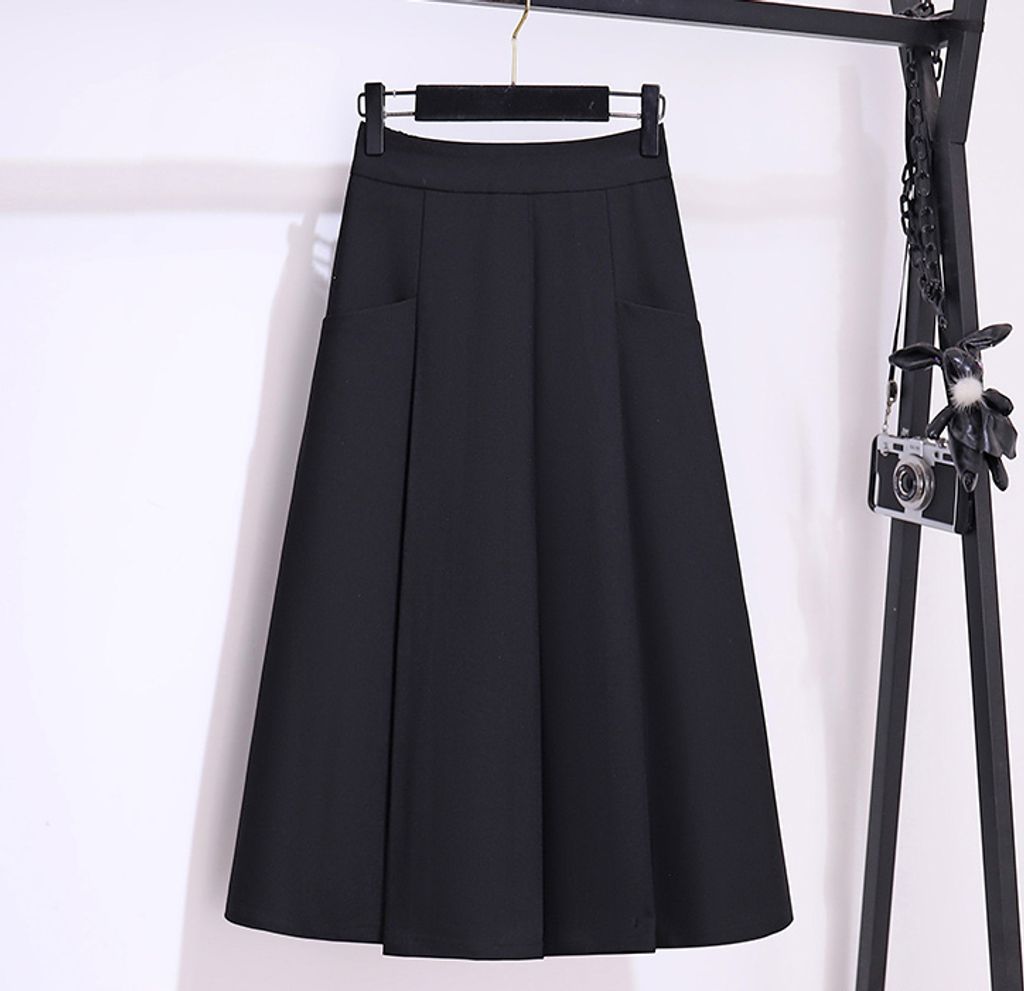 High Waist A-line Mid Length Skirt-Black color