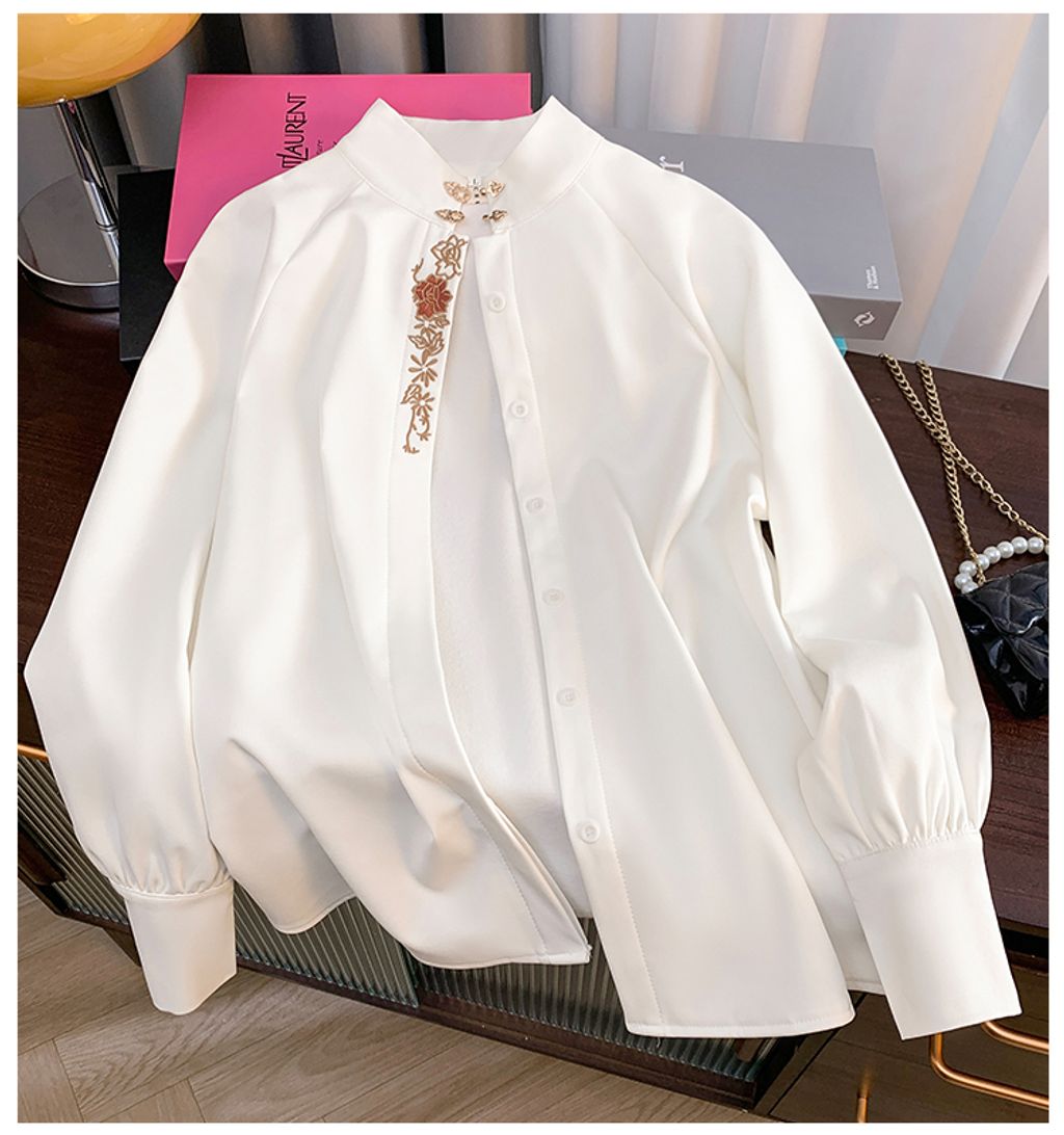 White Embroidered Long Sleeve Women's Shirt