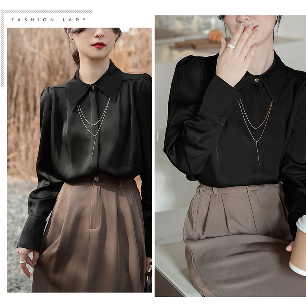 Long-sleeved Acetate Satin Simple Drape Women's Shirt-Black color