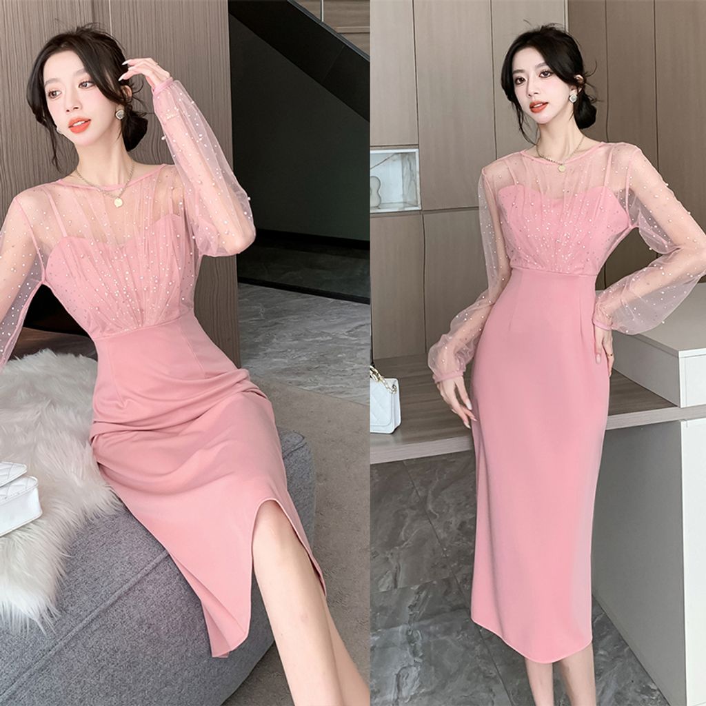 Elegant Pink Mesh Lace Beaded Dress