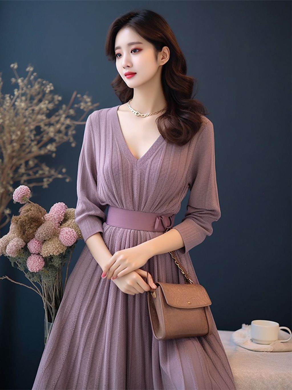 Purple Long-sleeved Knitted Dress