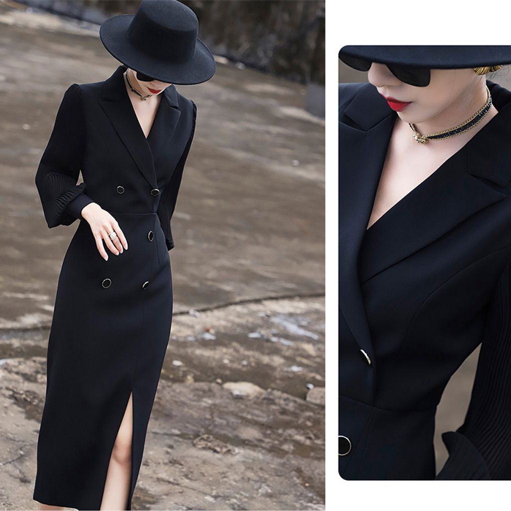 High-end Long-sleeved Suit Slim Slit Dress-Black color