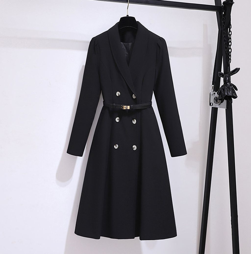 Suit Collar Women's Windbreaker Dress-Black color
