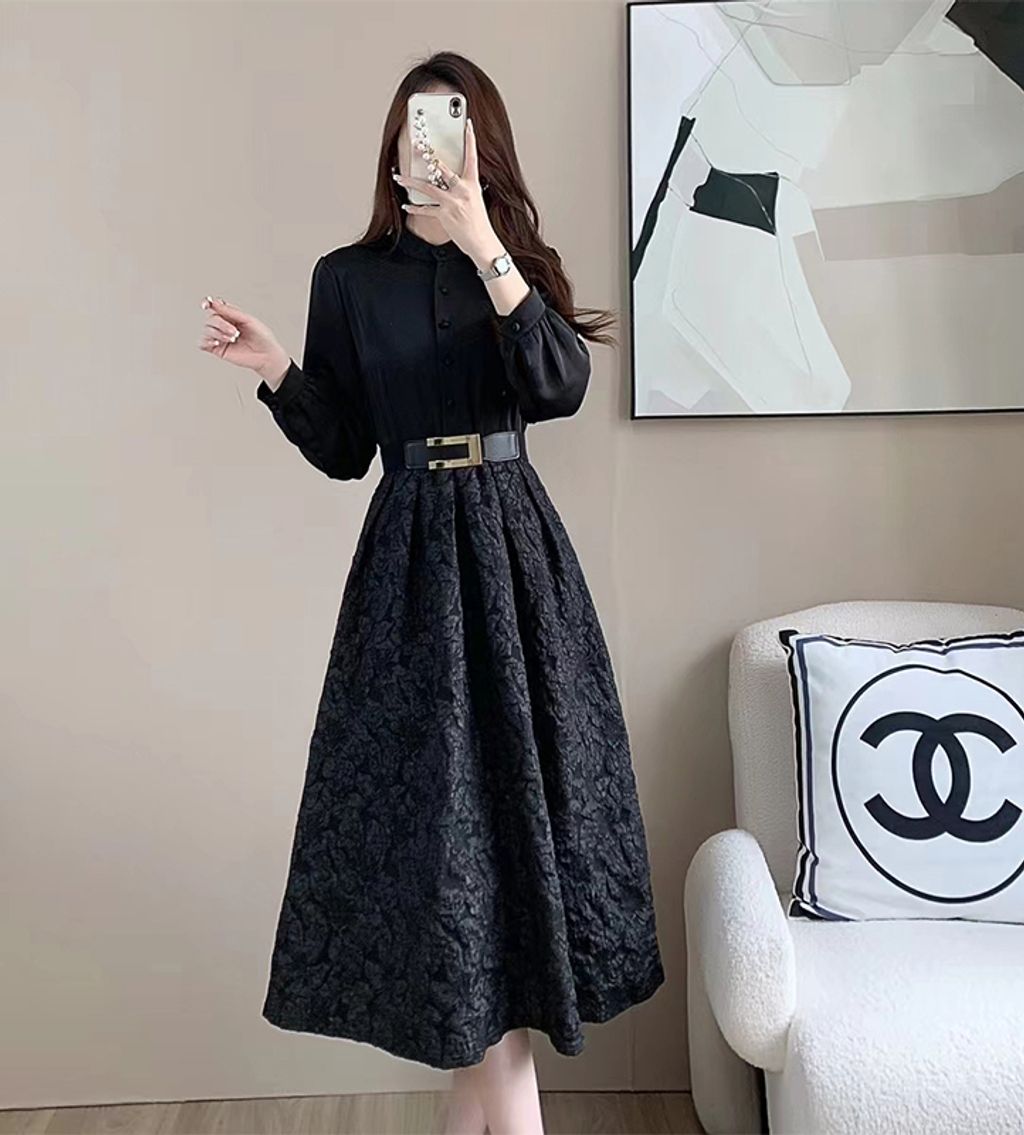 Slim High-end Fake Two-piece Dress-Black color