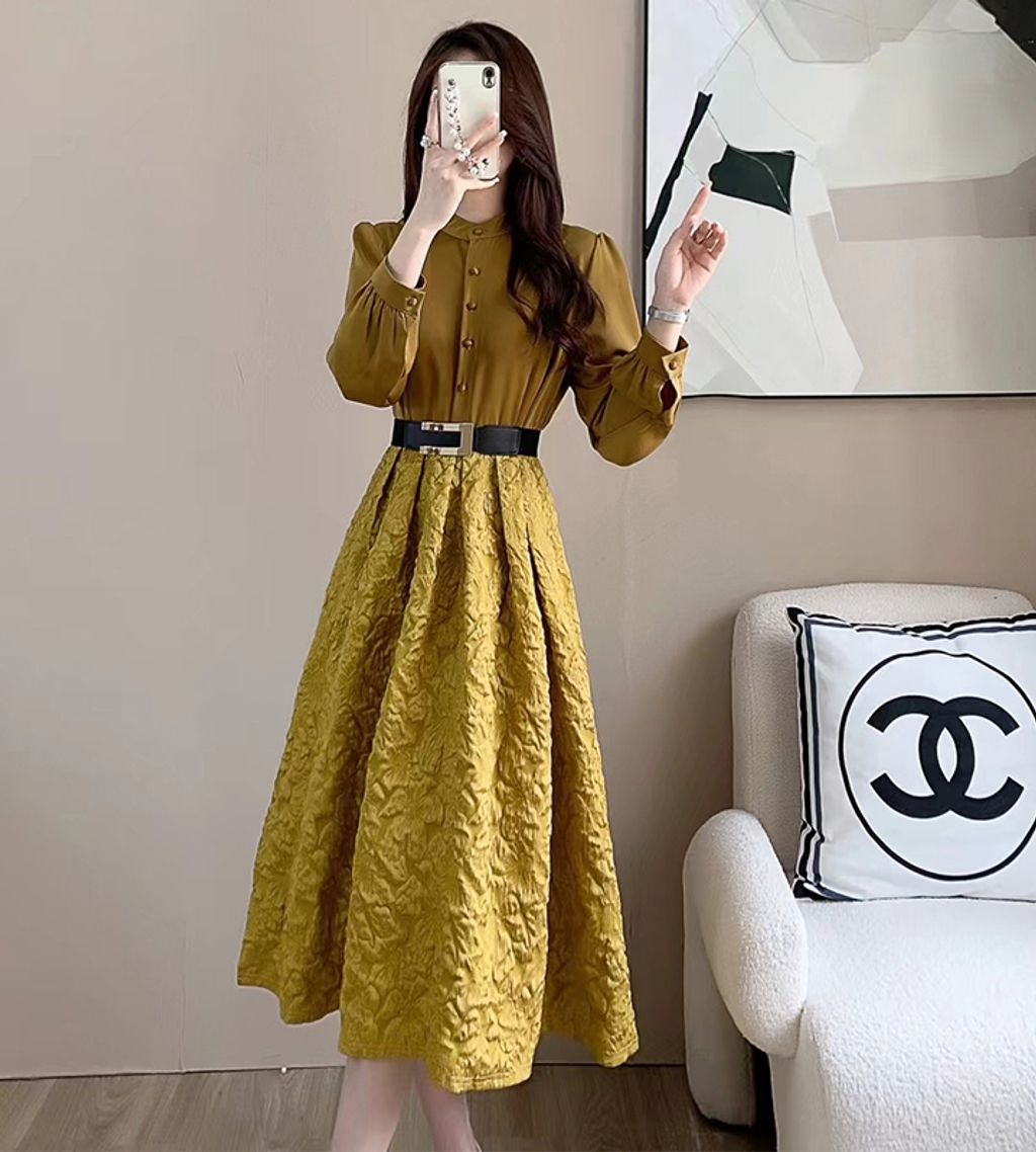 Slim High-end Fake Two-piece Dress-Yellow color