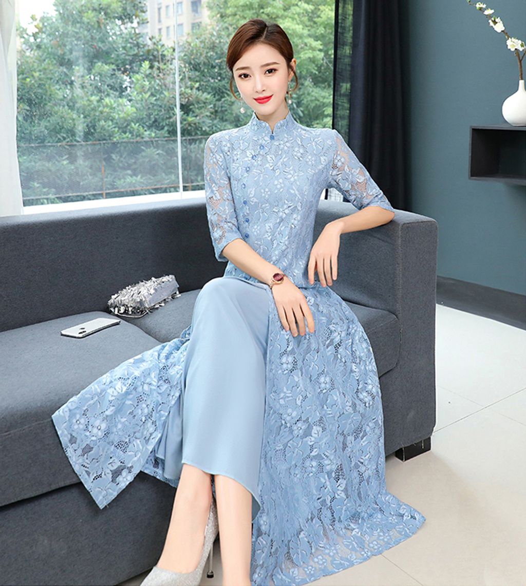 Lace Cheongsam Mid-length Dress-Blue color