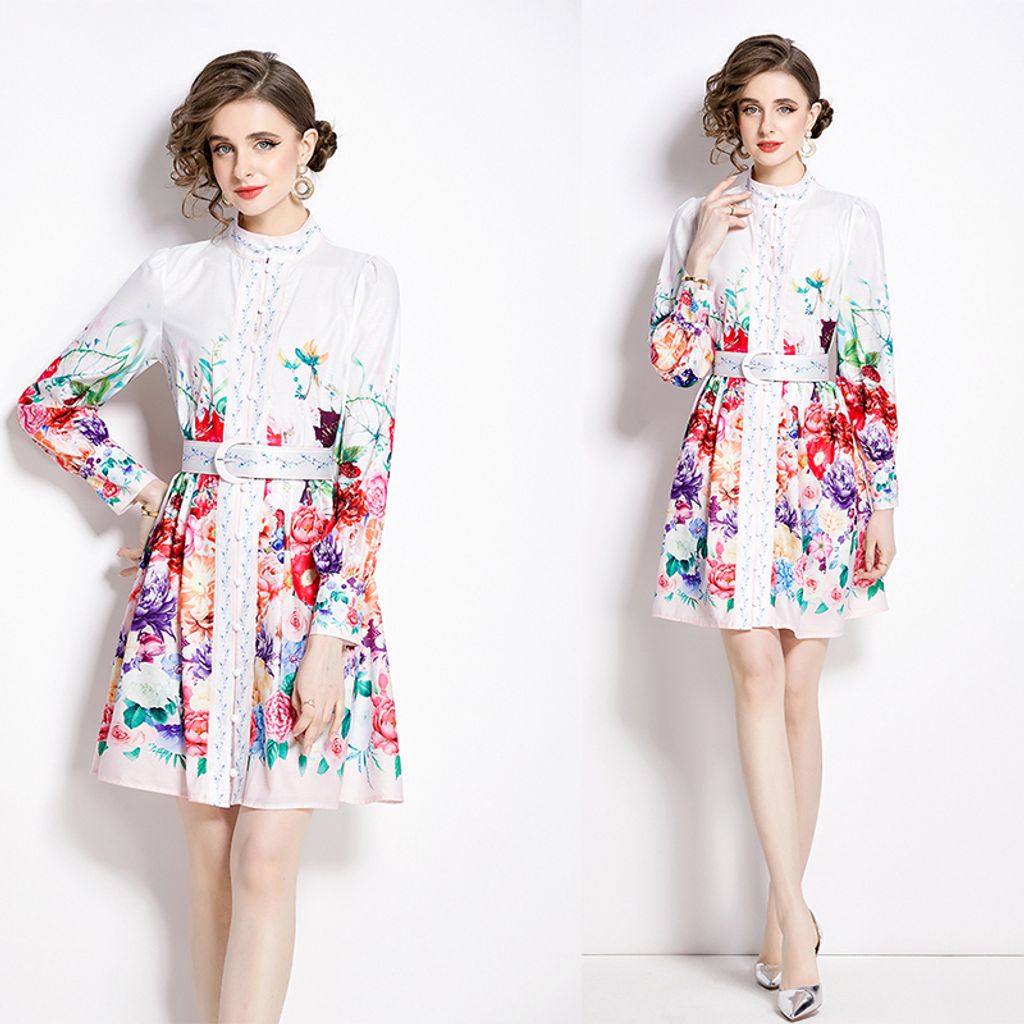 White Floral Early Spring Retro Long-sleeve Mini Dress