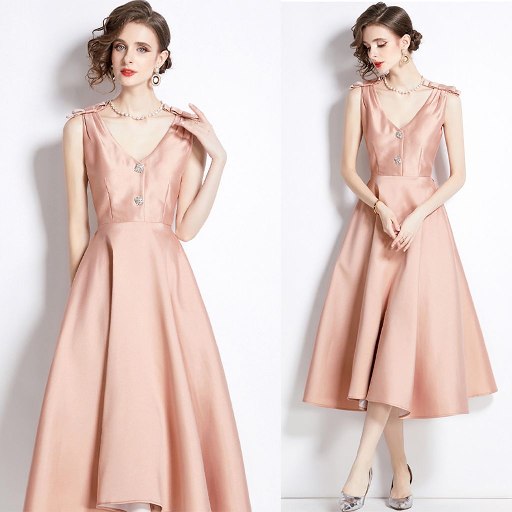 Apricot V-neck Hepburn Large Hem Dress