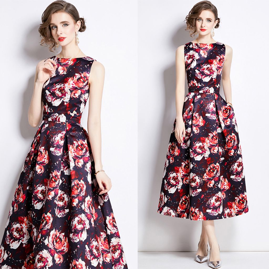 Black Floral Sleeveless High-waist Three-dimensional Cut Waist A-line Dress