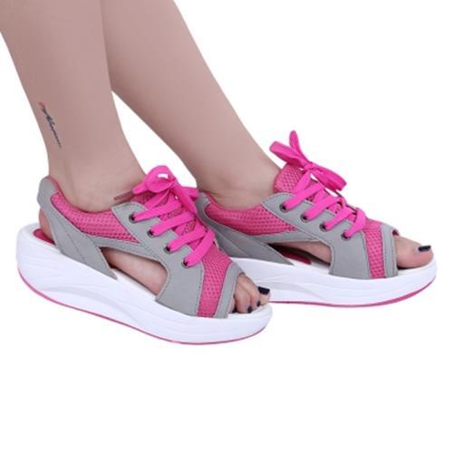 CASUAL PATCHWORK OPEN TOE LACE UP LADIES MESH PLATFORM SANDALS (ROSE MADDER)