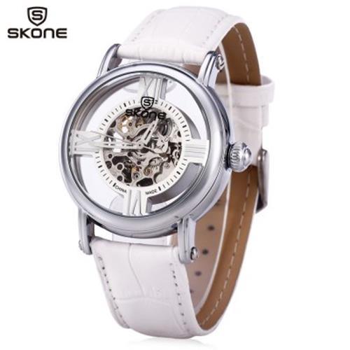 SKONE 80057 WOMEN HOLLOW MECHANICAL WATCH WITH GENUINE LEATHER STRAP (WHITE)