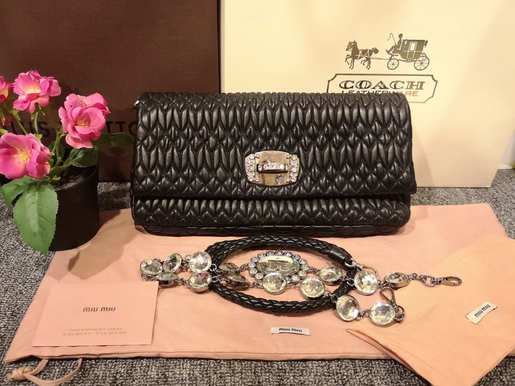 Miu Miu Woven Clutch With Crystal Chain in Black