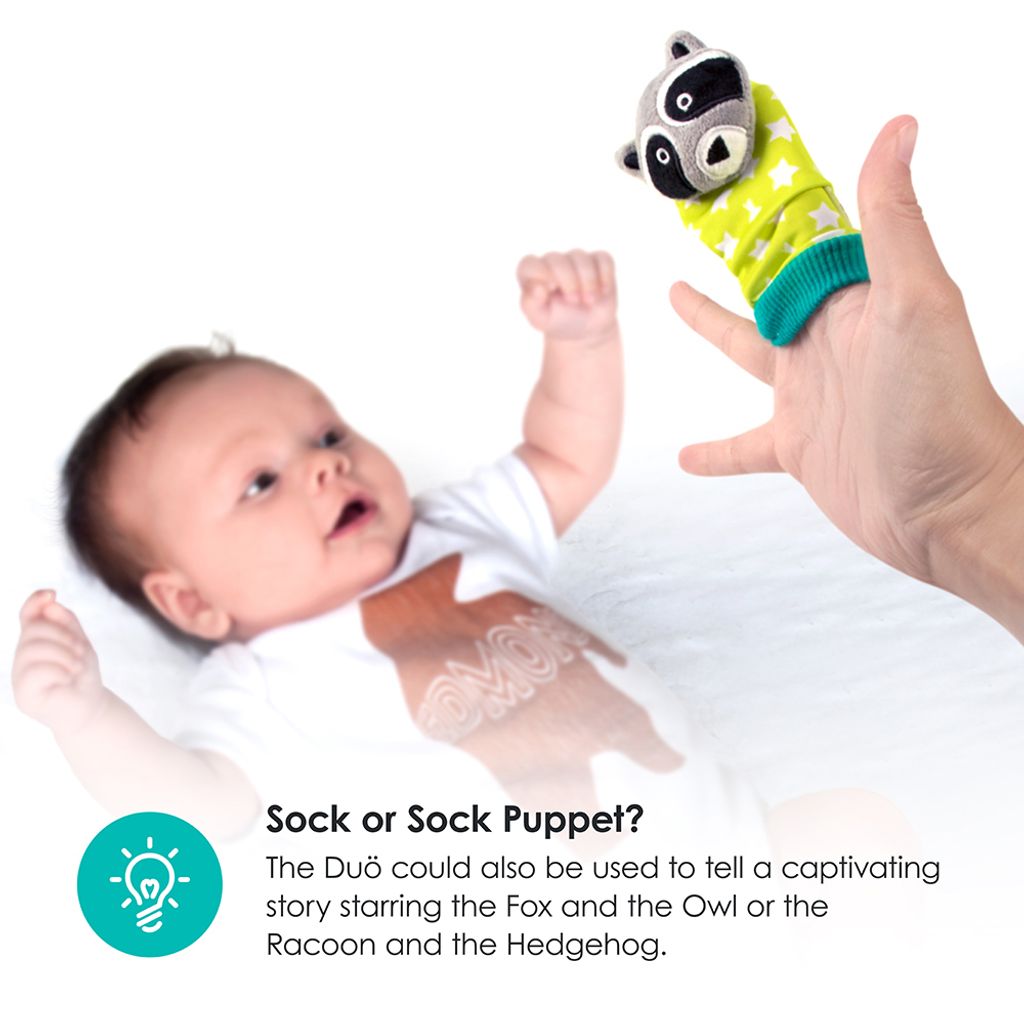 B0141_-_DUO_-_Feature_-_Raccoon_and_Hedgehog_-_White_Background_-_Adult_hand_holding_raccoon_sock_-_Baby_lying_on_back_looking_at_sock