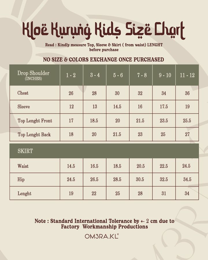 kloe kurung kids size chart