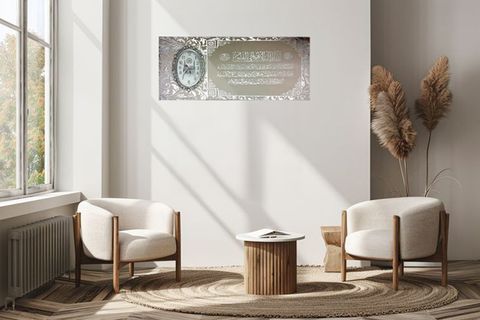 Mockup of white frame for poster or picture on wall in living roomv
