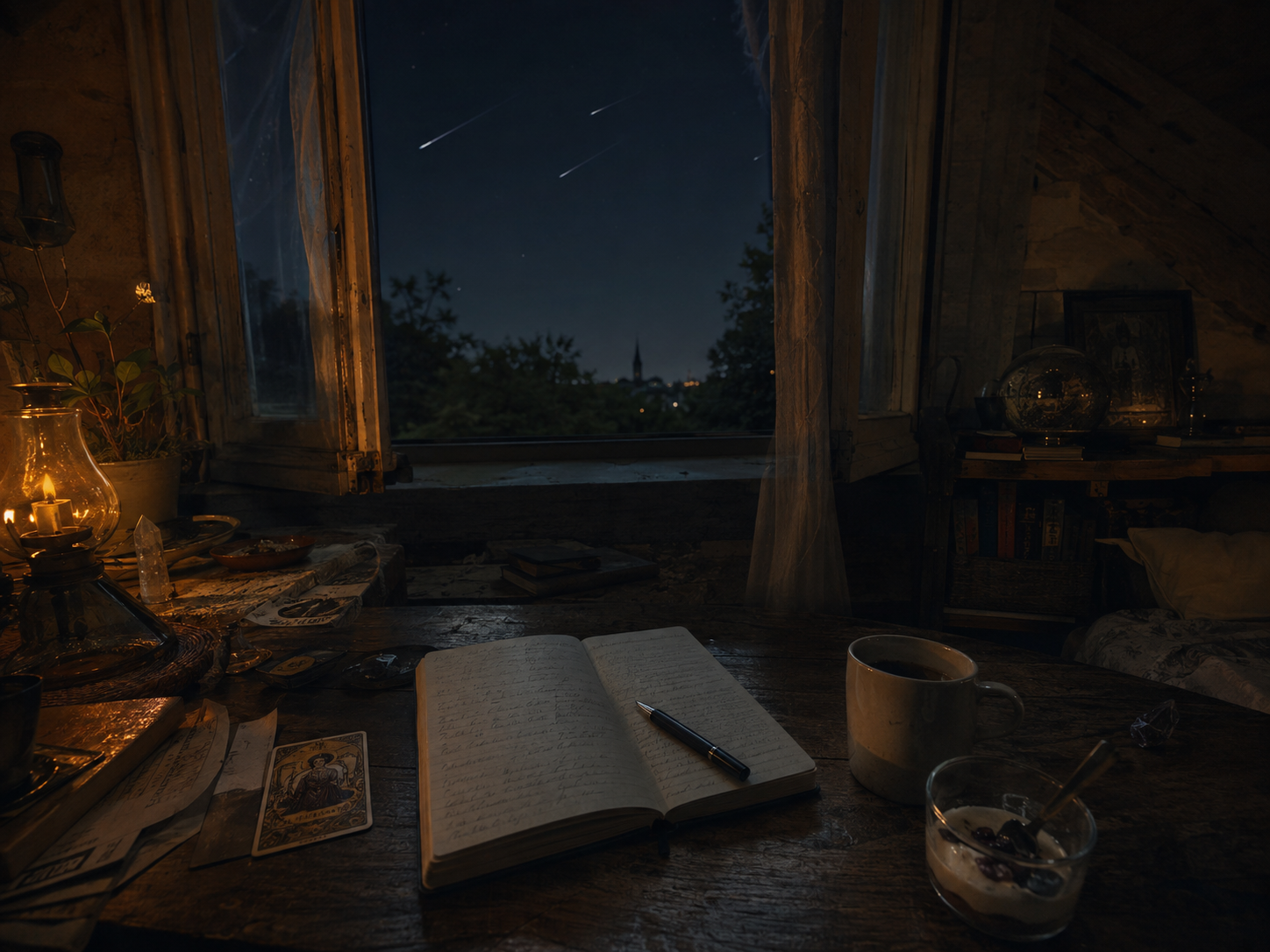 深夜書桌與窗外流星的夏夜景象