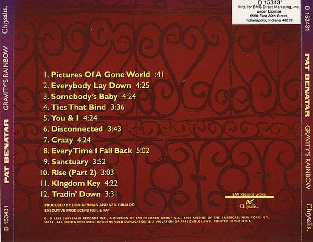 (Used) PAT BENATAR Gravity's Rainbow (US Club Edition) CD BACK
