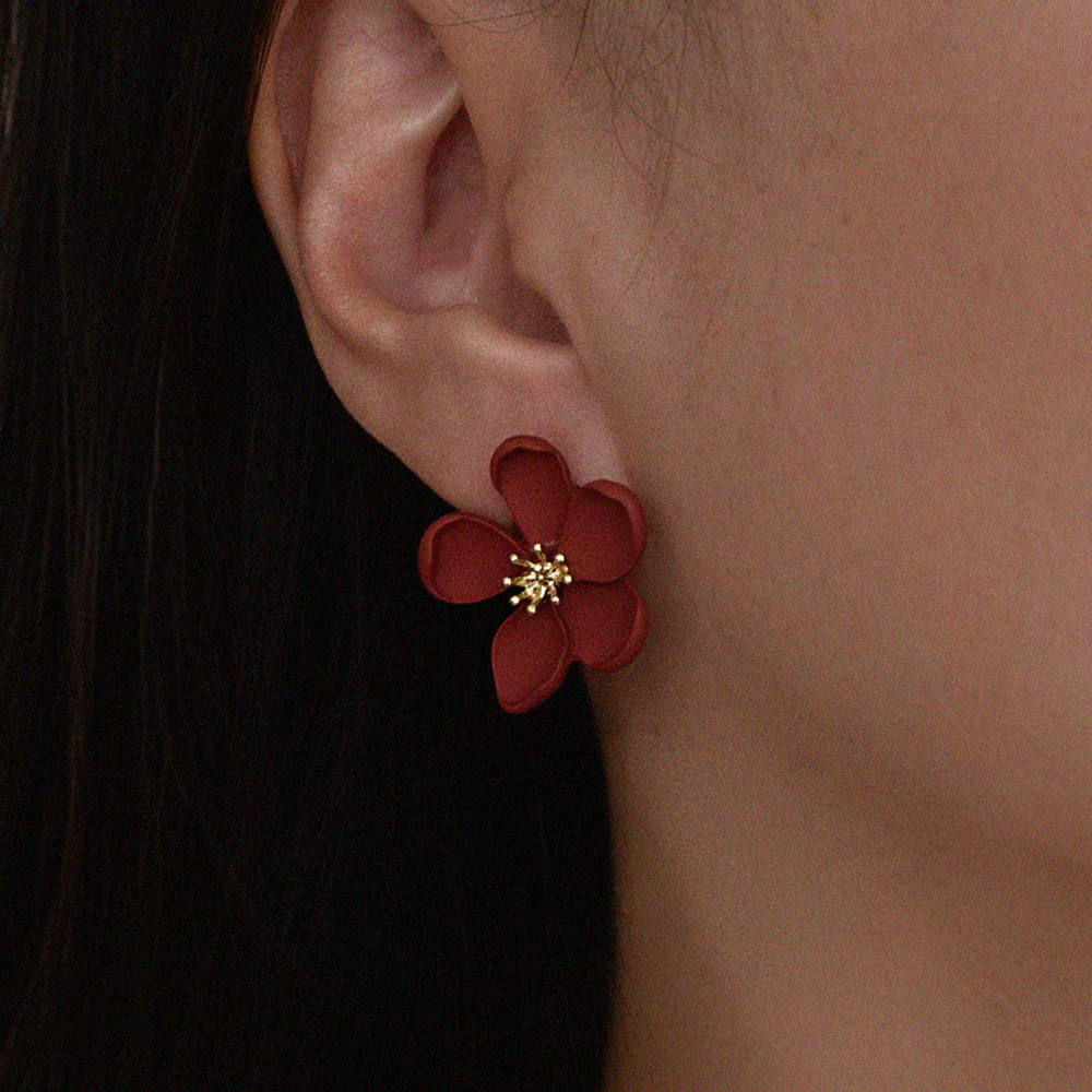 burgundy-red-flower-vintage-earrings