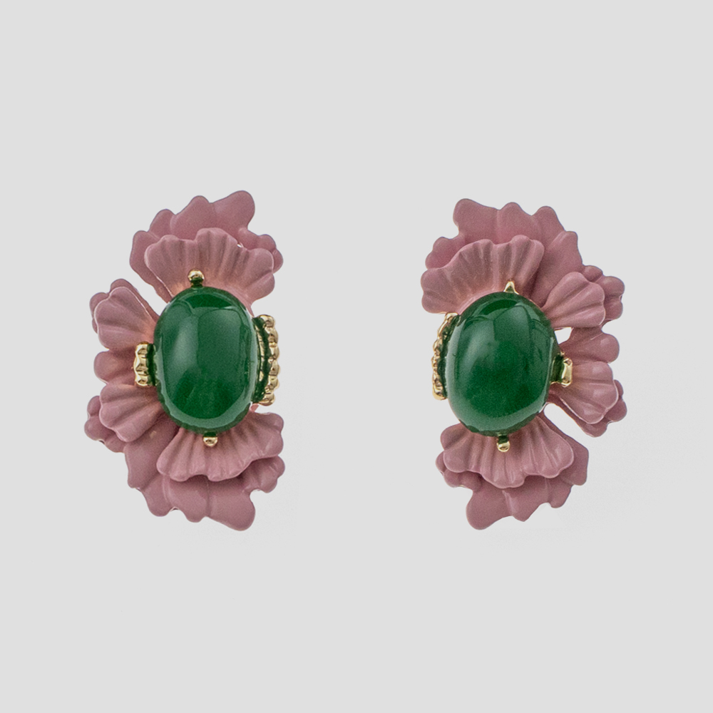 pink-petal-green-gem-vintage-earrings