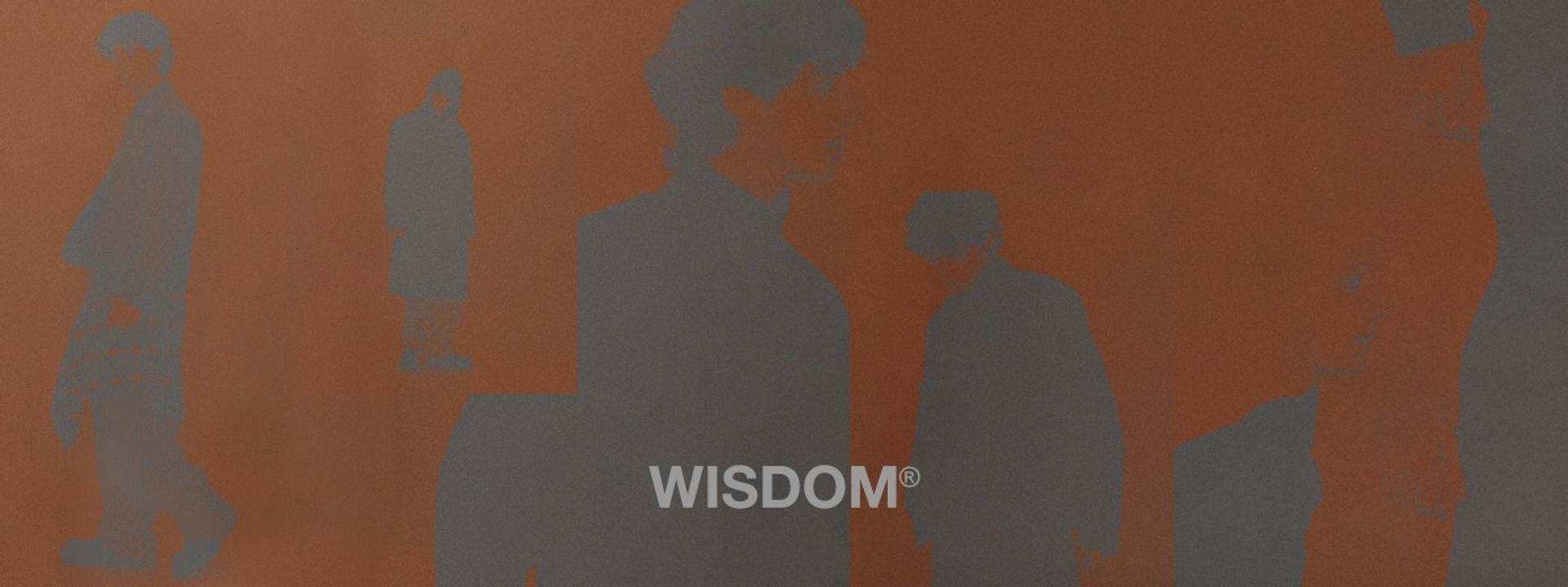 WISDOM® 26AW 系列形象圖：橘棕色背景搭配灰色人物剪影與品牌 Logo