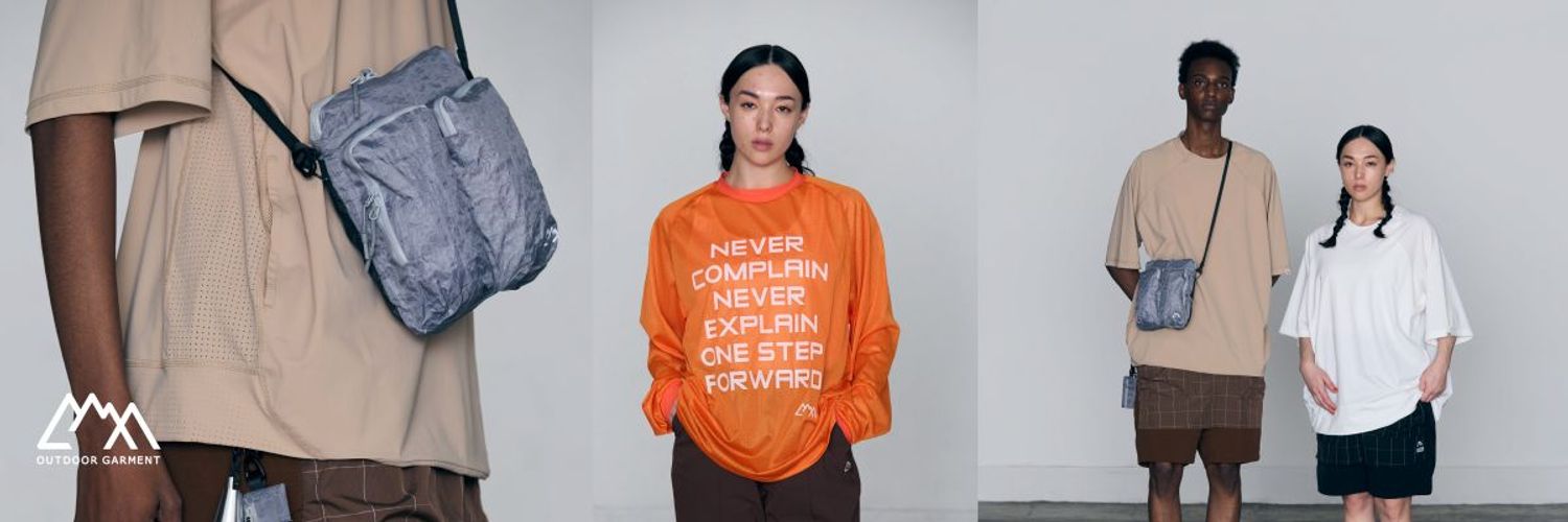 CMF OUTDOOR GARMENT 26AW 系列形象照：展示卡其色短袖上衣、灰色輕量斜背包、亮橘色印花長袖與格紋短褲