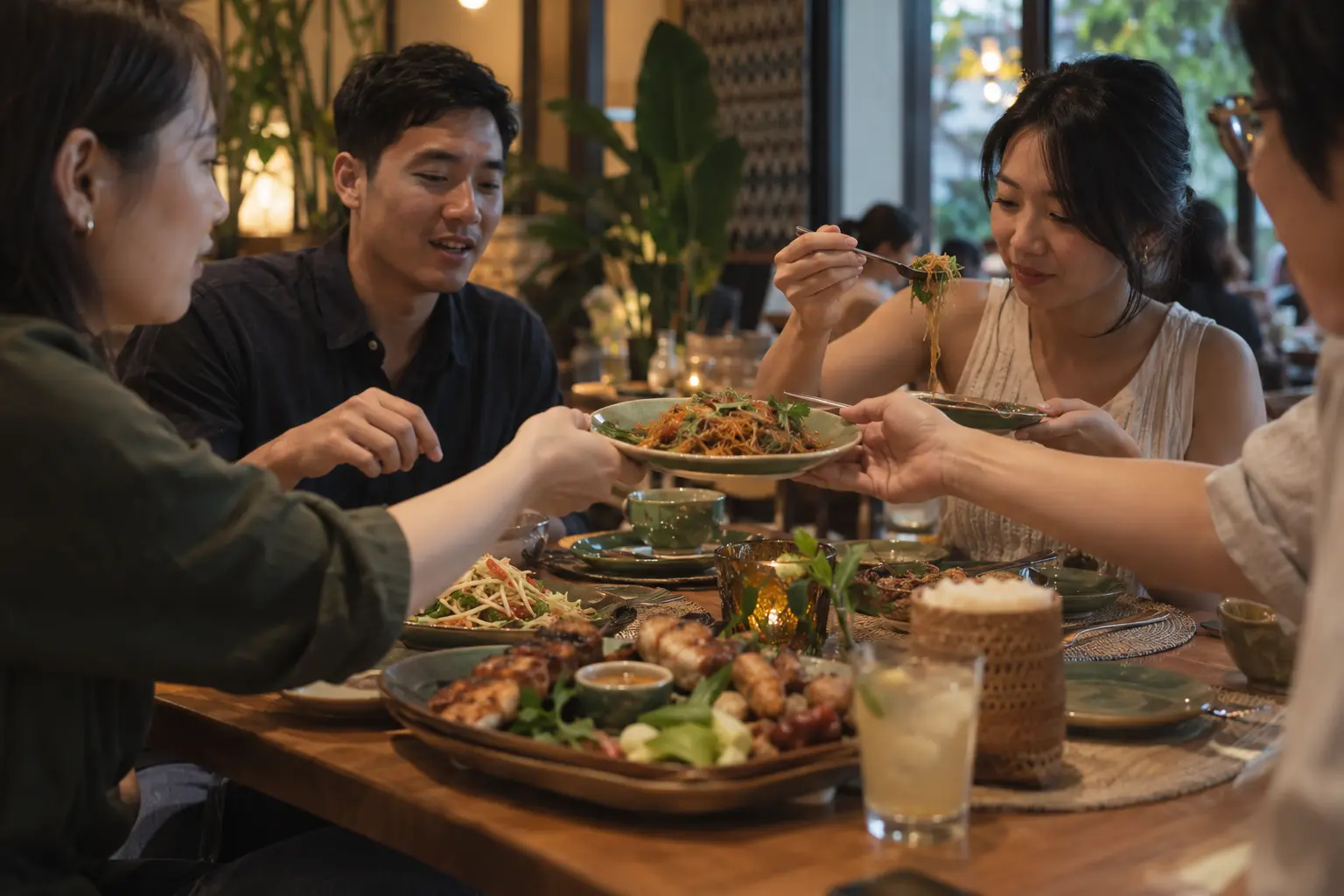 朋友在泰式餐桌上分享咖哩冬粉與炸烤料理