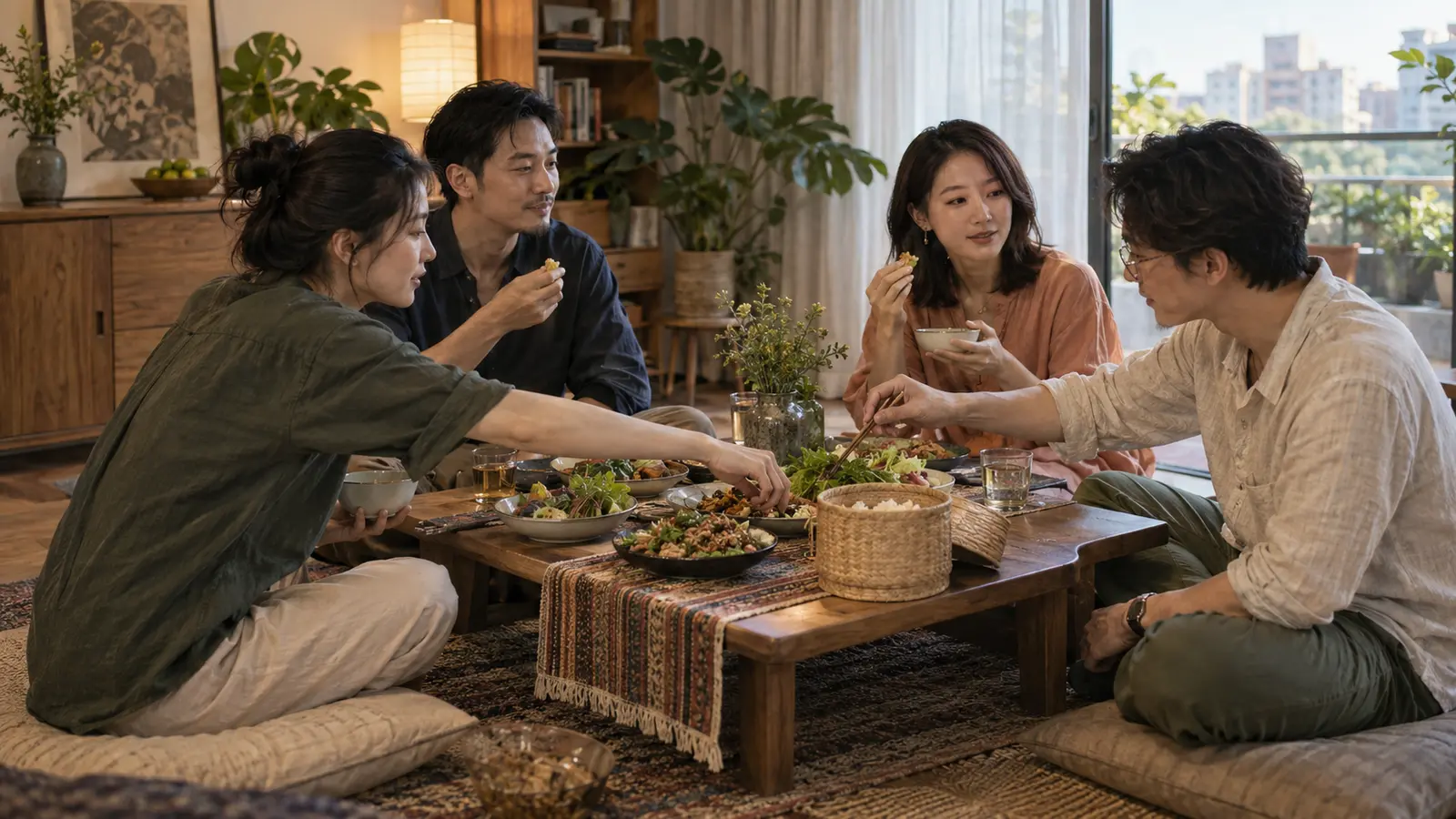 朋友圍坐低桌分享泰式料理的團聚情境