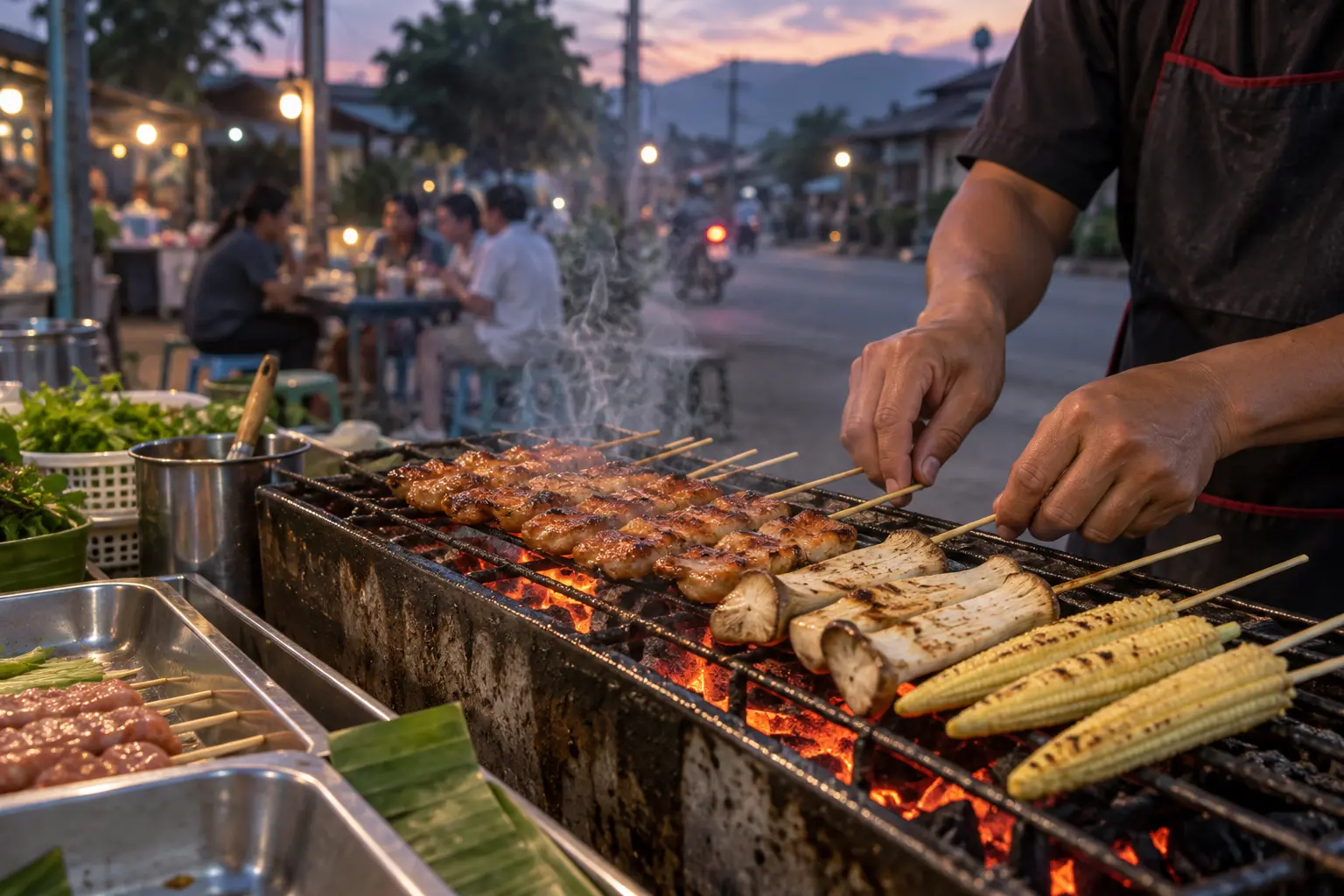 泰國街頭炭火燒烤肉串、杏鮑菇與玉米筍的情境